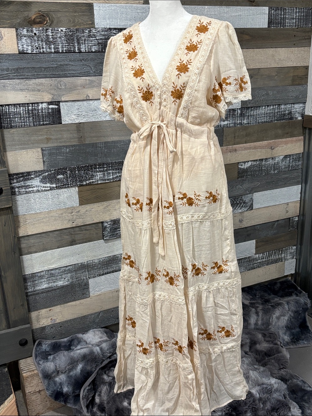 Baevely Cream Maxi Dress with Rust Floral Embroidery and Tie Waist